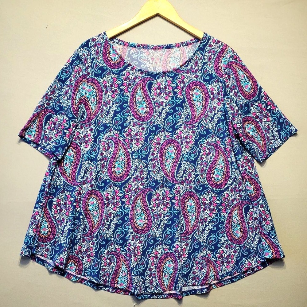 Chicos Paisley Shirt Womens Large Blue Pink Scoop Neck Stretch Boho Chic Tee Top